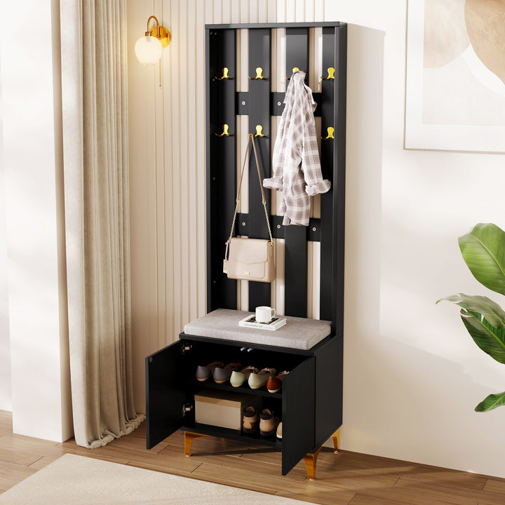 Black wooden entryway coat hanger, bench and cushion, and shoe cabinet TERMITEMOUND