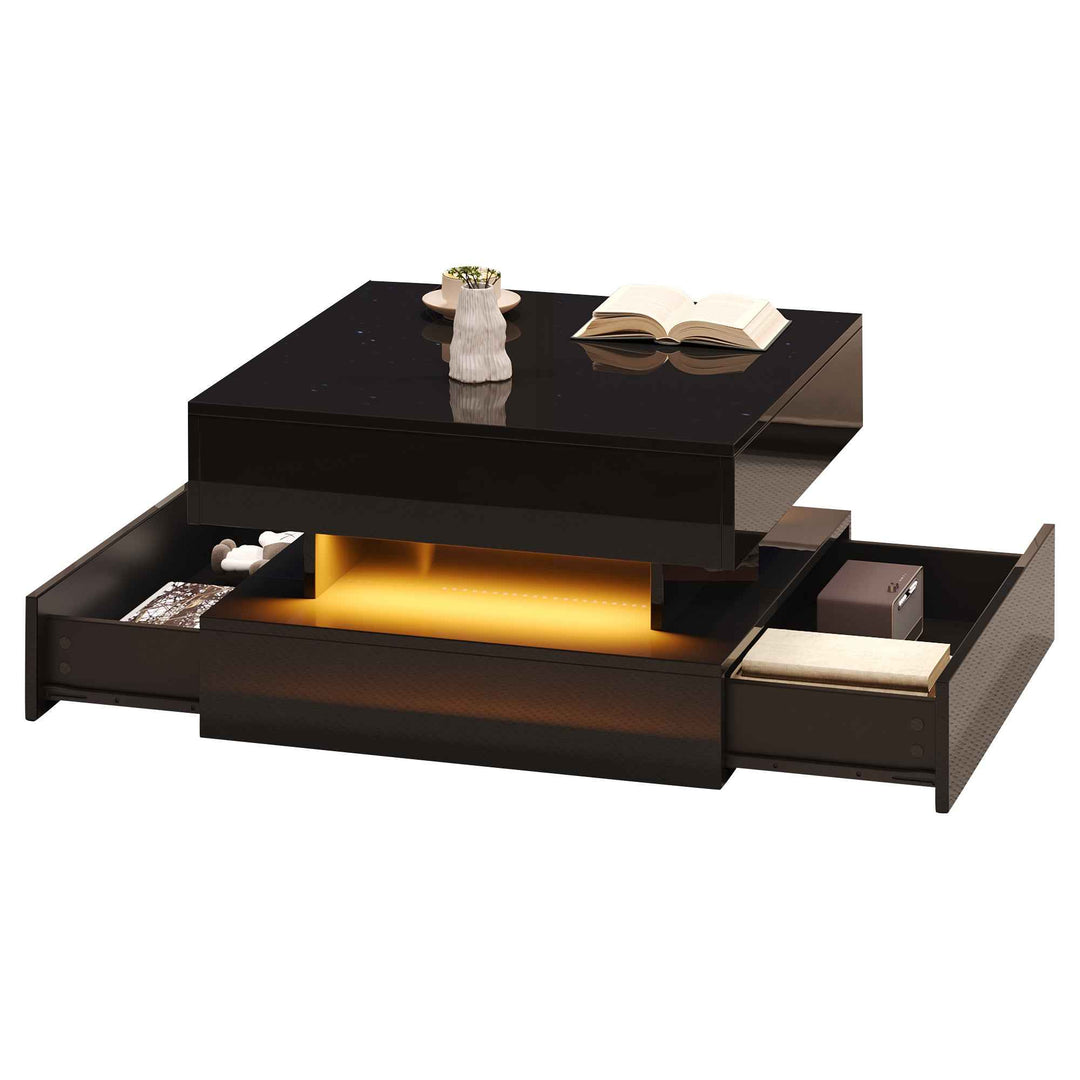 Lift top black high gloss coffee table with LED 2 drawers INFINITEMOMENTUU