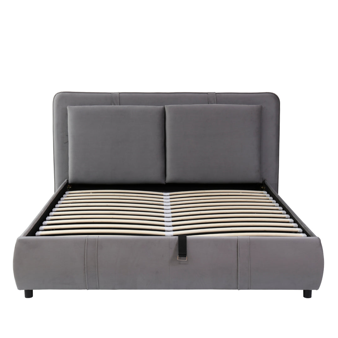 Upholstered velvet grey, hydraulic ottoman double bed with storage function 135×190cm KELPFROND