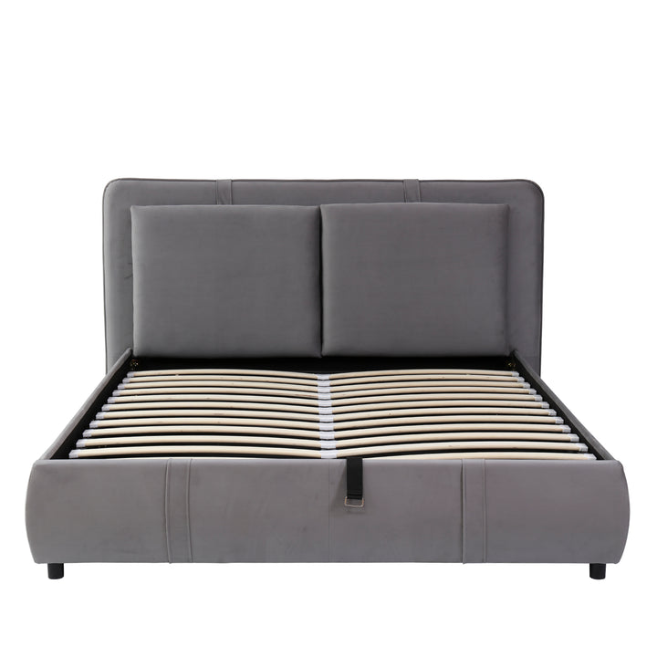 Upholstered velvet grey, hydraulic ottoman double bed with storage function 135×190cm KELPFROND