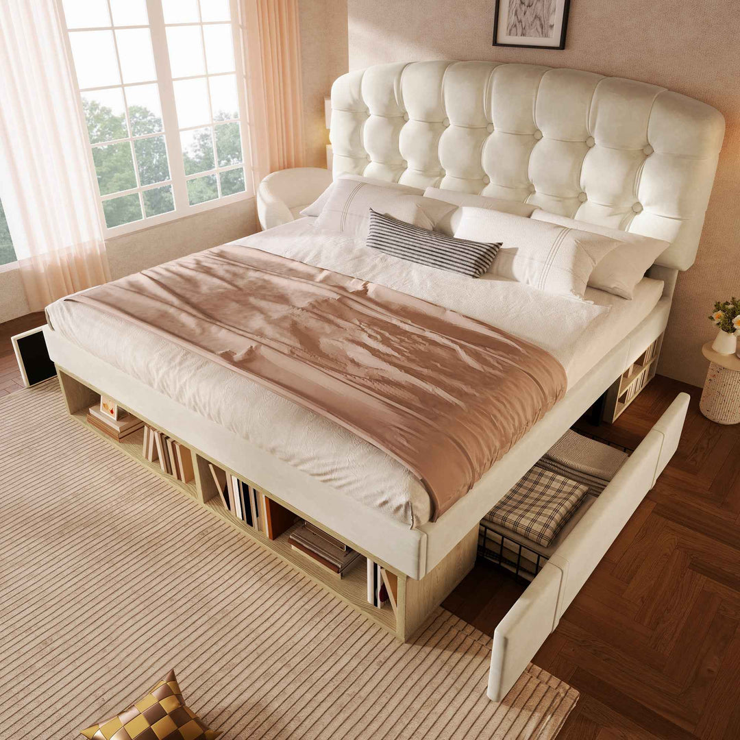 Double Bed Frame with Storage Drawers Velvet Upholstered, 135x190cm, Beige, No Mattress BEDRESIN