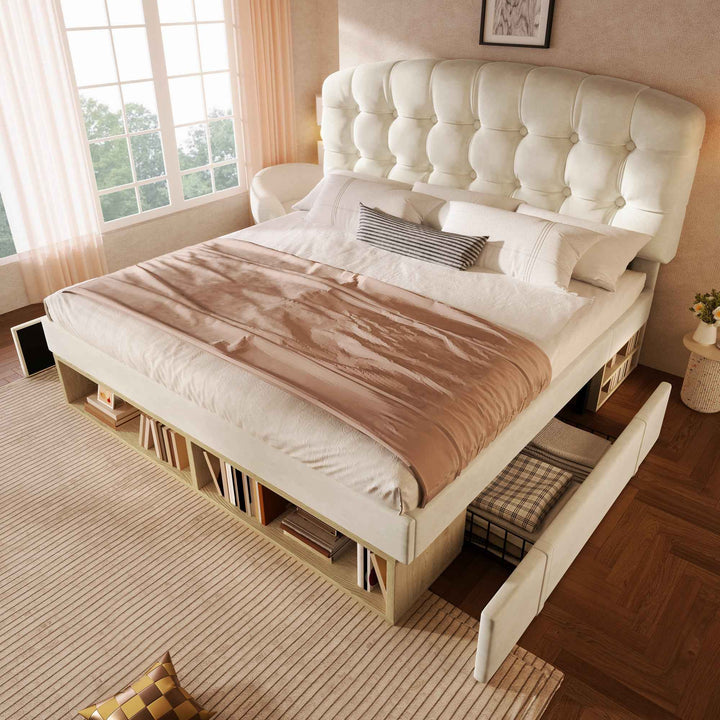 Double Bed Frame with Storage Drawers Velvet Upholstered, 135x190cm, Beige, No Mattress BEDRESIN