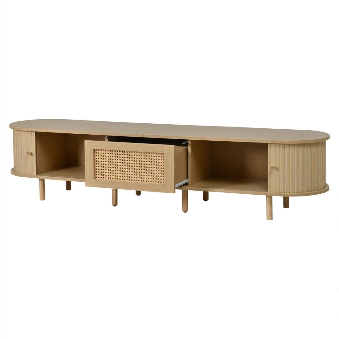 TV stand light wood 1 rattan drawer & 2 sliding doors, rounded corners 180cm