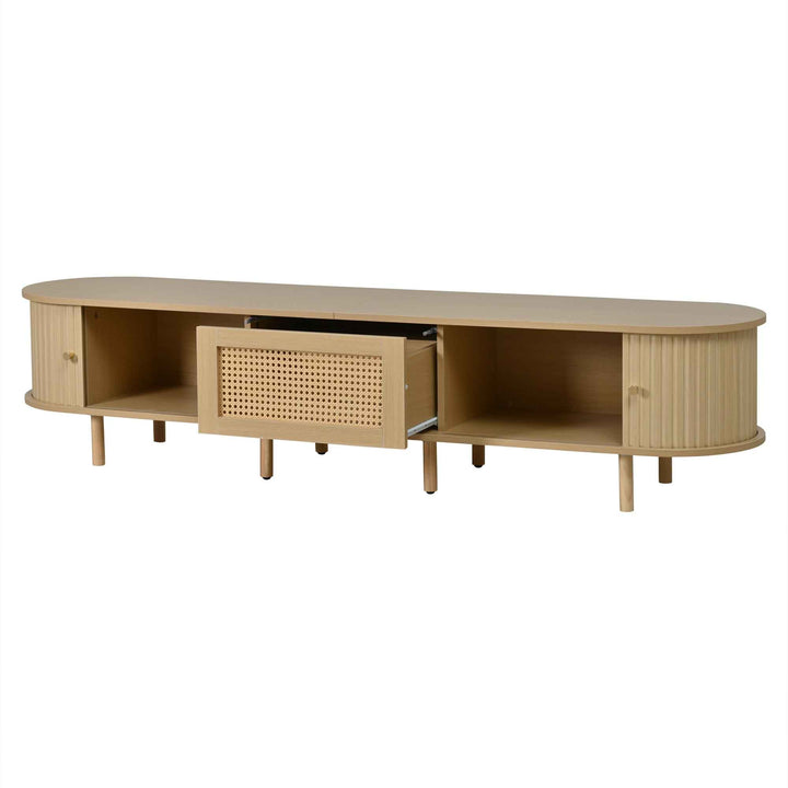 TV stand light wood 1 rattan drawer & 2 sliding doors, rounded corners 180cm
