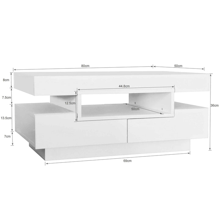 Coffee Table with LED Light Strip, High-Gloss White, 80x50x36cm, 4 Drawers, Large Storage, Modern Living Room