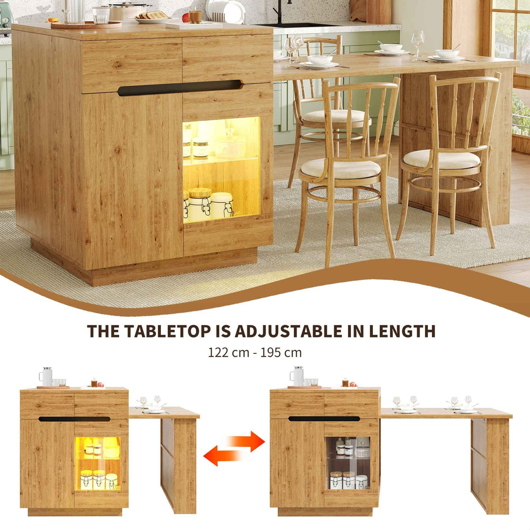 Kitchen island with extendable table, oak effect, LED glass door, 2 drawers INFINITECASC