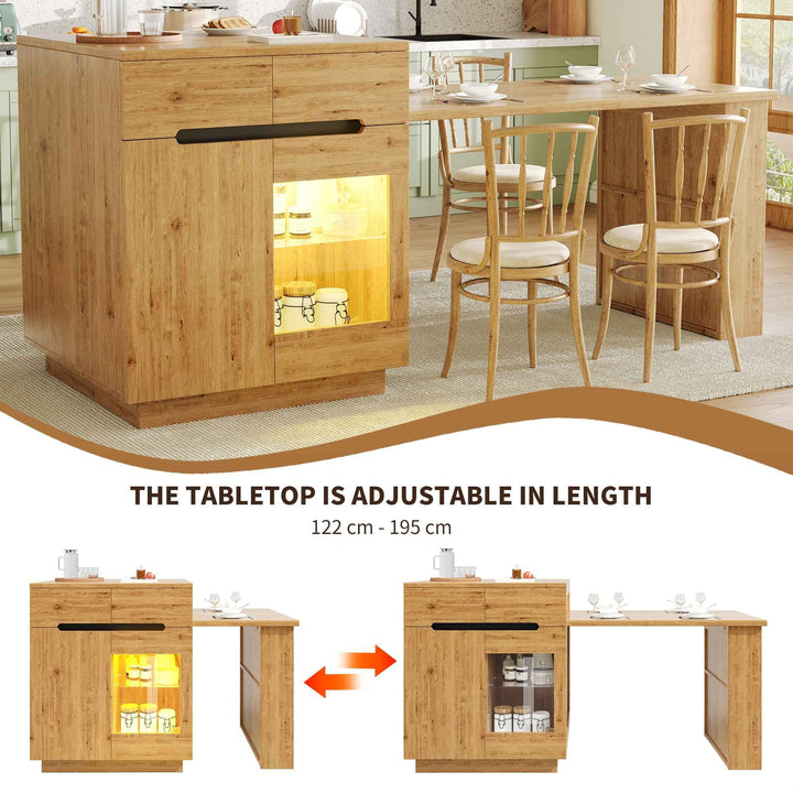 Kitchen island with extendable table, oak effect, LED glass door, 2 drawers INFINITECASC