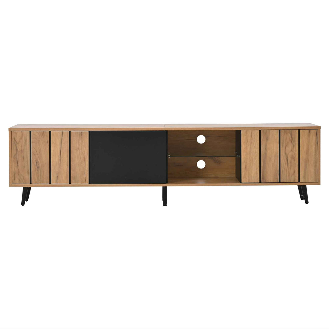 TV stand cabinet wood look & black, 3 doors glass shelf FLAREKRYOS
