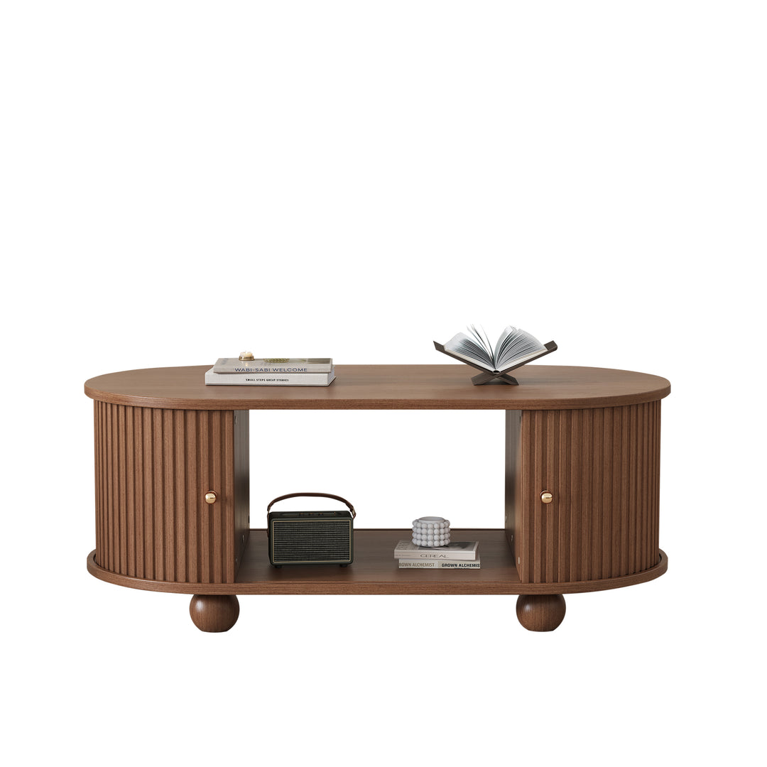 Retro wooden look oval coffee table with 2 sliding storage doors CUNEIFORMWEDGE