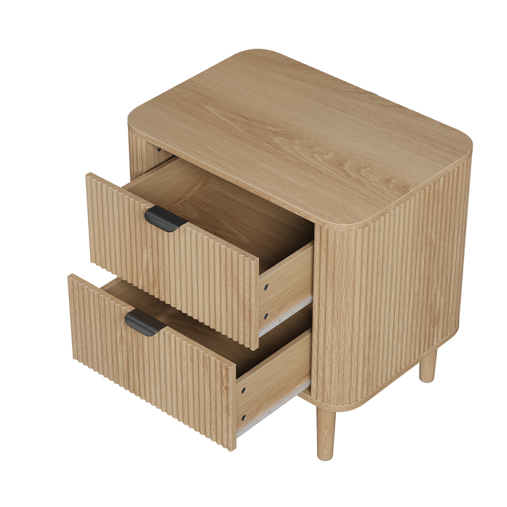 00+Nightstand Bedside Table Oak with Fluted 2-Drawer Storage for Bedroom WOODLINE