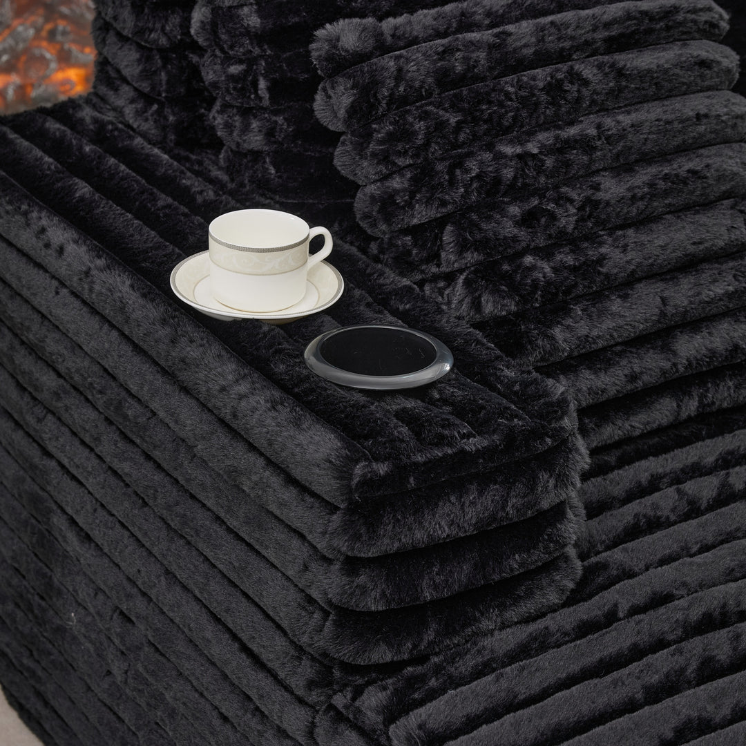 Black Ribbed Velvet Extra-Large Lounge Chair with Cupholders WICKERNIGHTSTAND