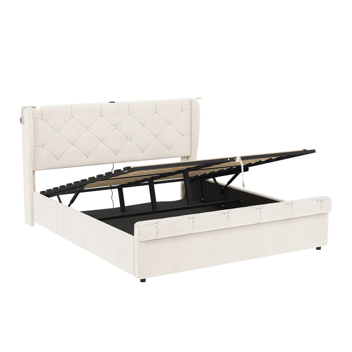 Beige velvet tufted upholstered ottoman double bed end opening (135x190cm) RADIOLARI