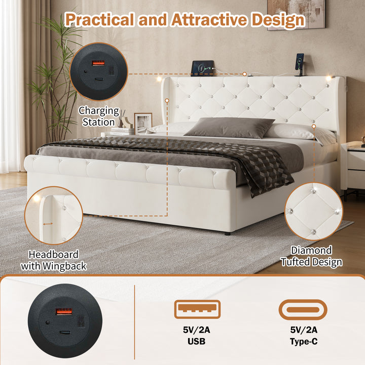 Velvet beige king size ottoman bed end opening with USB reading light 150x200cm PINNACLEION