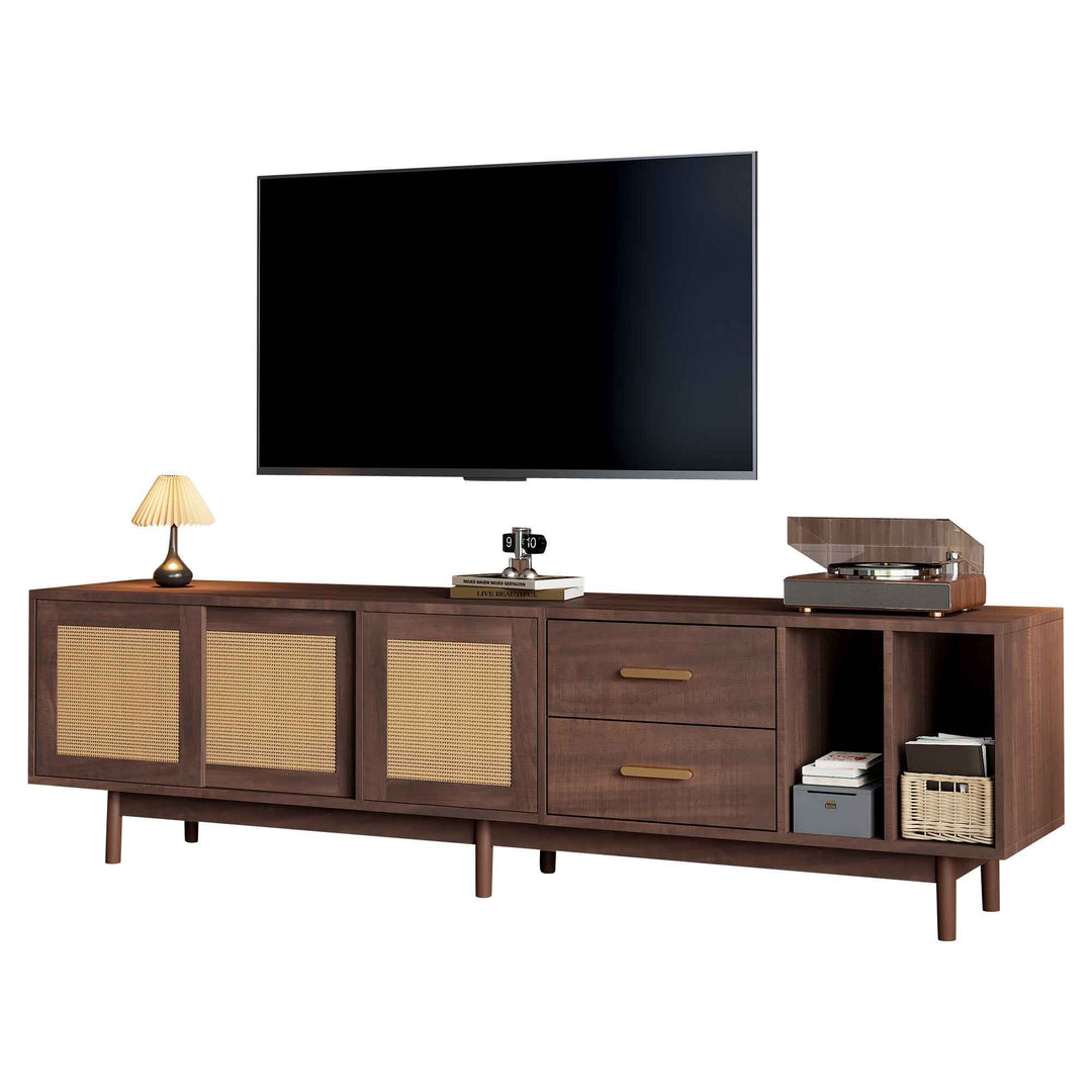 TV stand dark wood vintage look with rattan sliding doors & 2 drawers  INFINITERIF