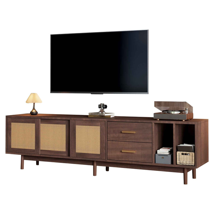 TV stand dark wood vintage look with rattan sliding doors & 2 drawers  INFINITERIF