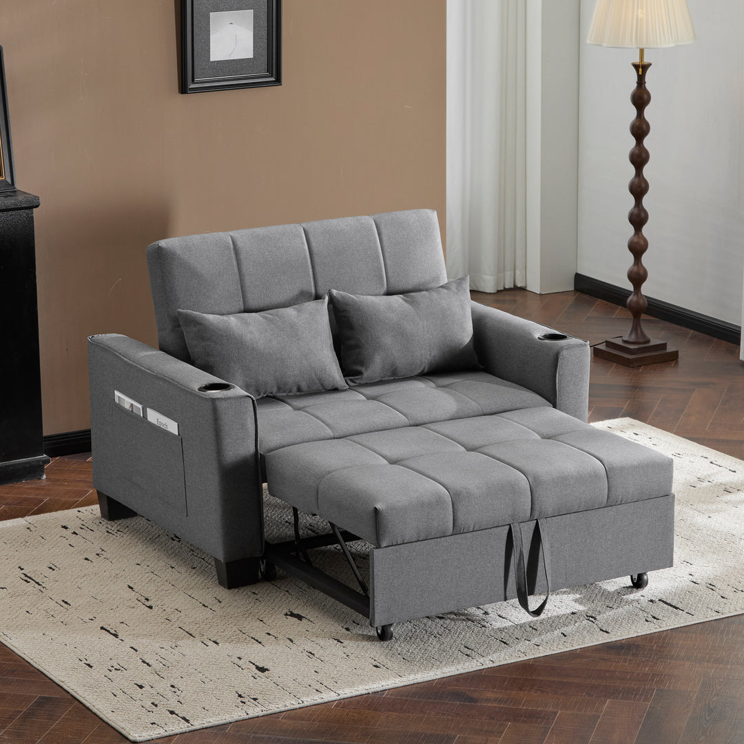 Gray fabric convertible 2-seater sofa bed pull-out design, adjustable backrest, and storage FROSTSTONE
