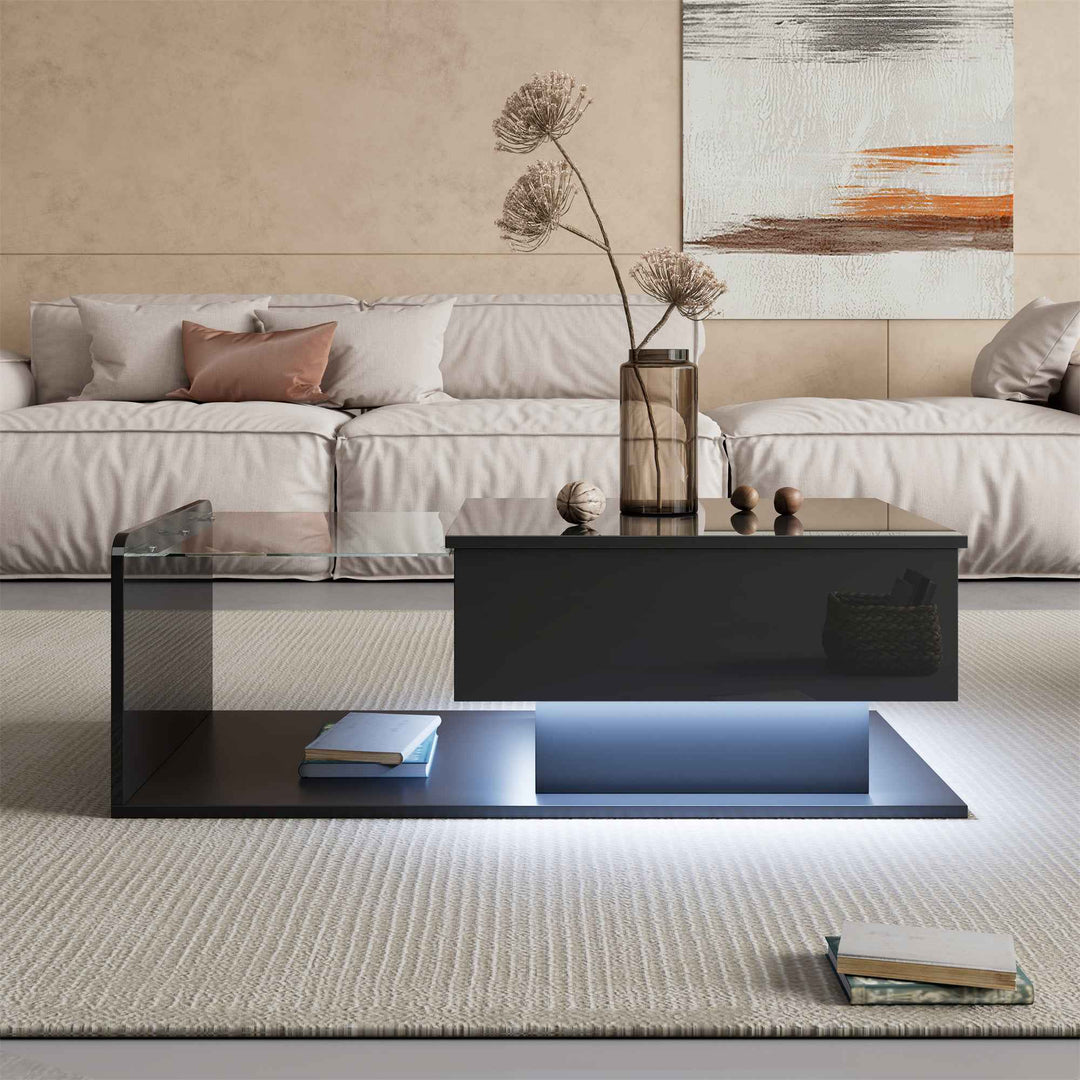 High gloss black coffee table with lift up top, LED lighting 100x50cm FLARERYLOTH