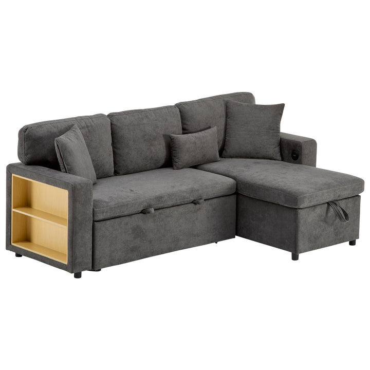 Grey L-shaped corner sofa bed, side shelf with integrated USB and storage VOLATILGAS