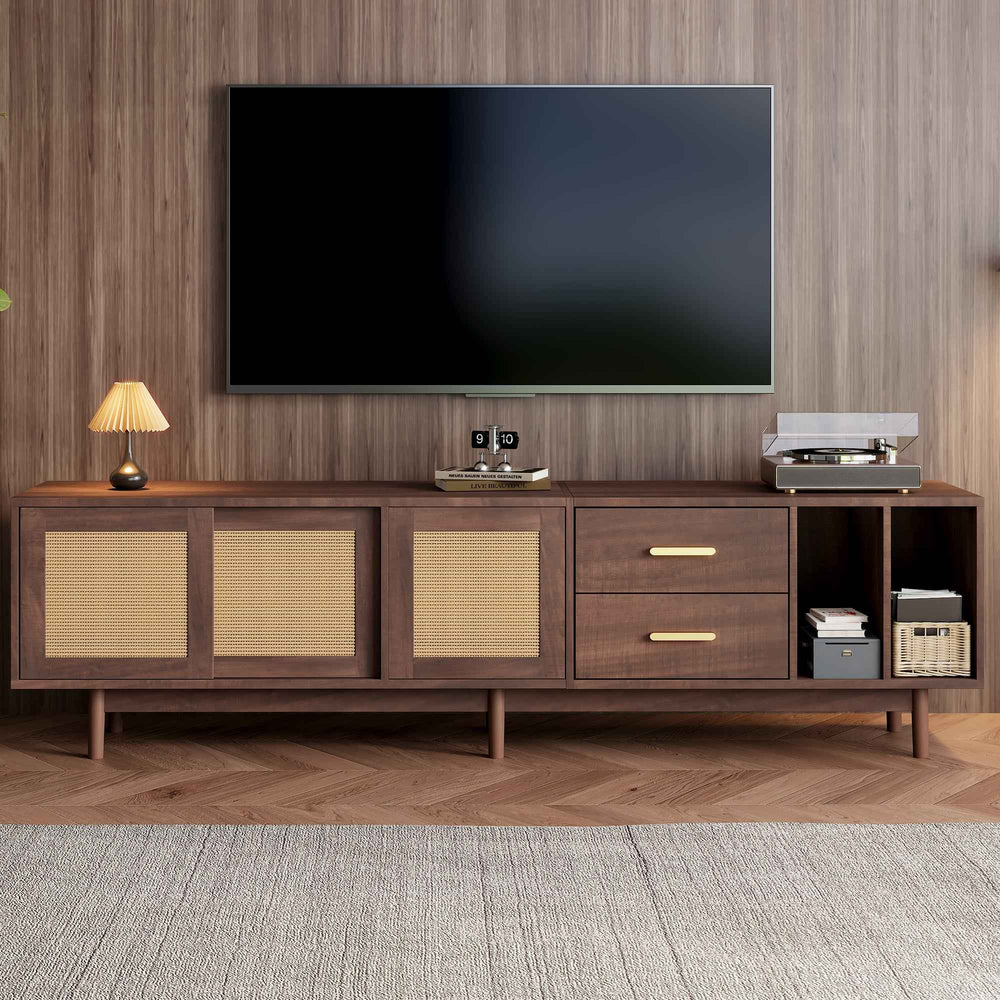 TV stand dark wood vintage look with rattan sliding doors & 2 drawers  INFINITERIF