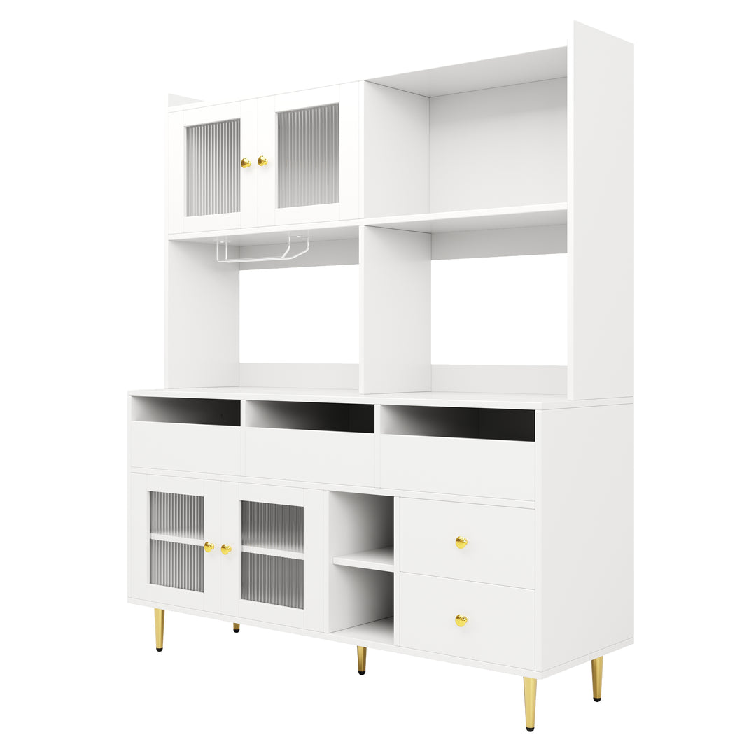 Modern white kitchen cabinet cupboard fluted glass doors, wine rack, and gold accents FROSTGLEN