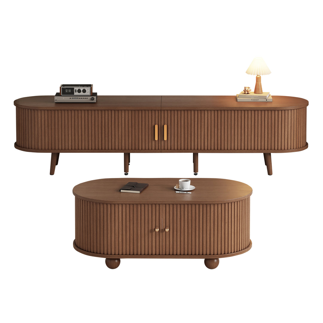 Retro walnut oval fluted TV stand with coffee table set with sliding doors MEALYBUG