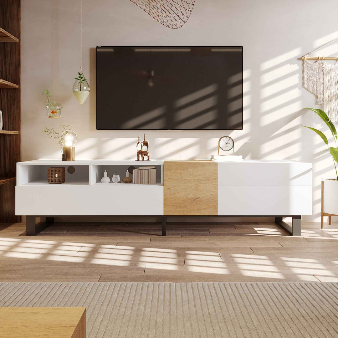 TV Cabinet 180cm White & Wood, MDF, 2 Drawers 2 Doors, Modern Minimalist, Large Storage, Living Room