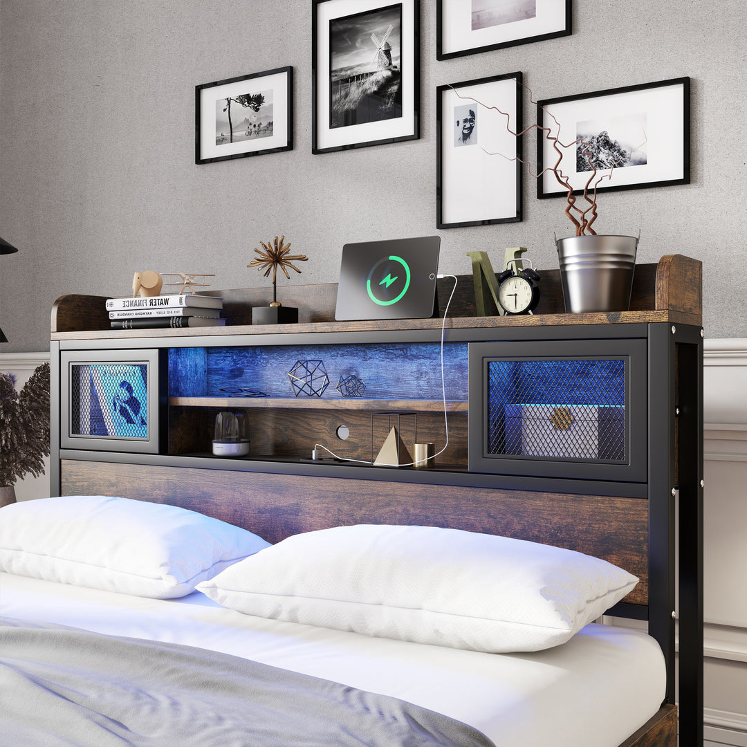 Multifunctional wooden look double bed&nbsp; with LED lighting, 2 drawers & charging ports (135x190cm) ELATERSPRING