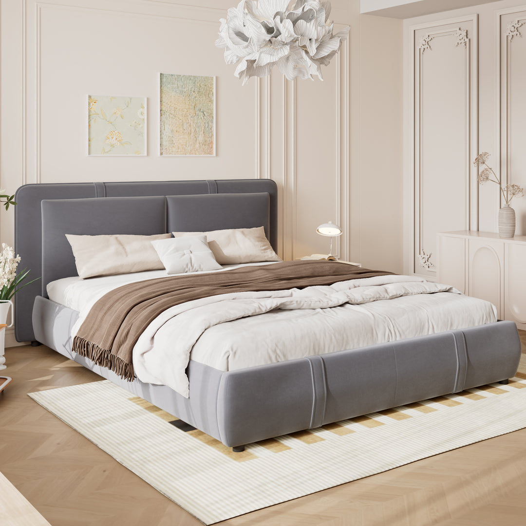 Upholstered velvet grey, hydraulic ottoman double bed with storage function 135×190cm KELPFROND