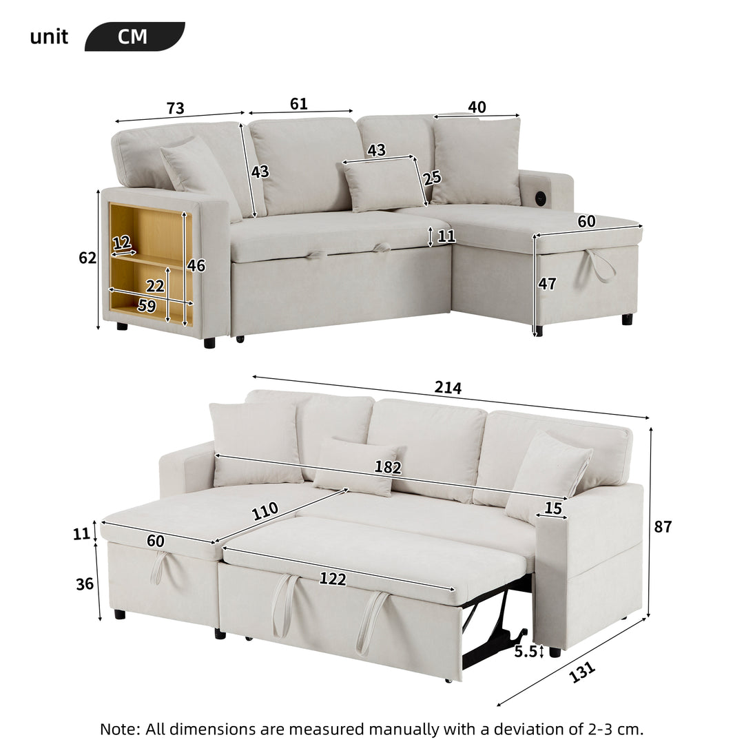 Beige 3-seater corner sofa bed with side shelf and USB ports ANTCOLONY UK