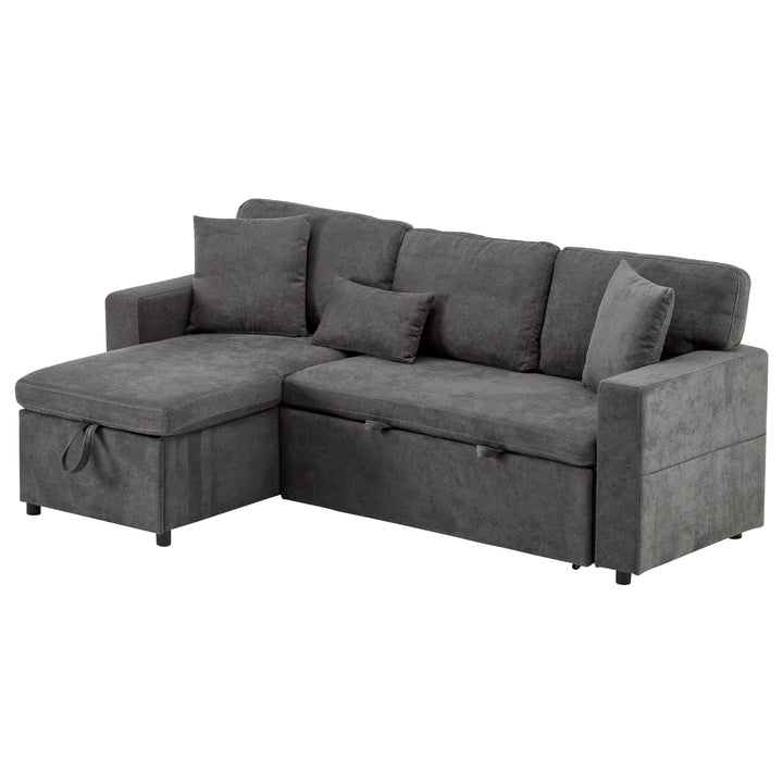 Grey L-shaped corner sofa bed, side shelf with integrated USB and storage VOLATILGAS