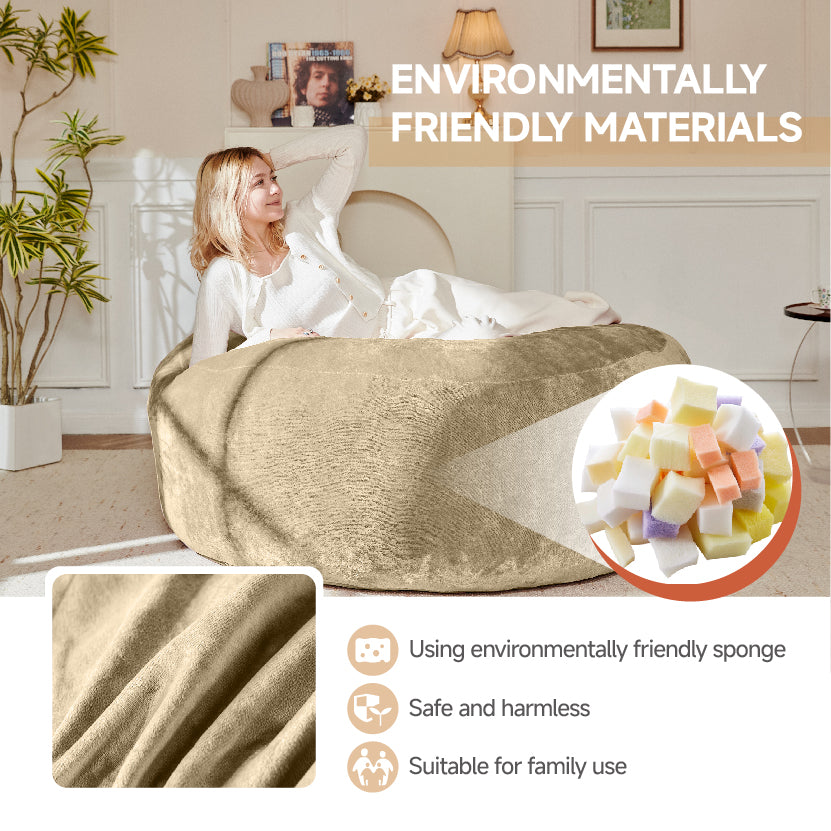 Giant beige round bean bag sofa with soft plush cover 150cm CRESCENTEON