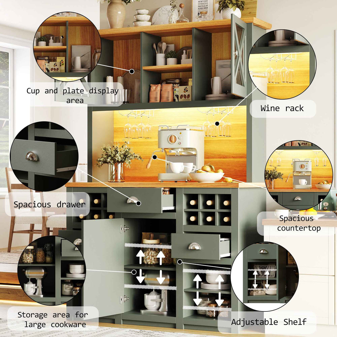 Kitchen hutche green cabinet glass doors LED lighting, wine rack, adjustable shelves