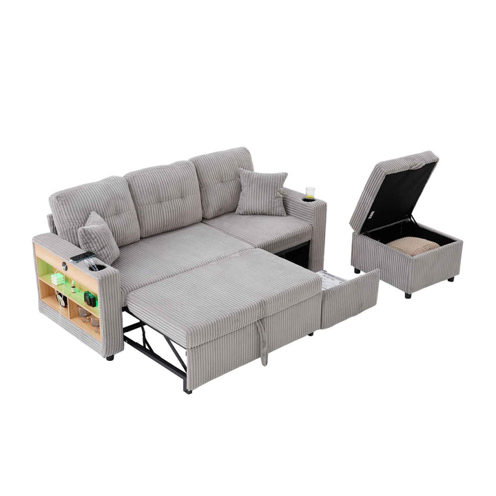 00+缺图 Sofa Bed Light Grey Corduroy 196 cm, Pull-Out Guest Bed with Storage VANITYAIR
