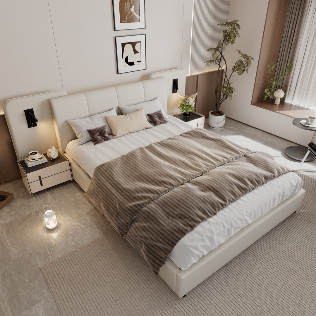 Beige upholstered divan double bed with side lamps and charging port 135x190cm UNITOS