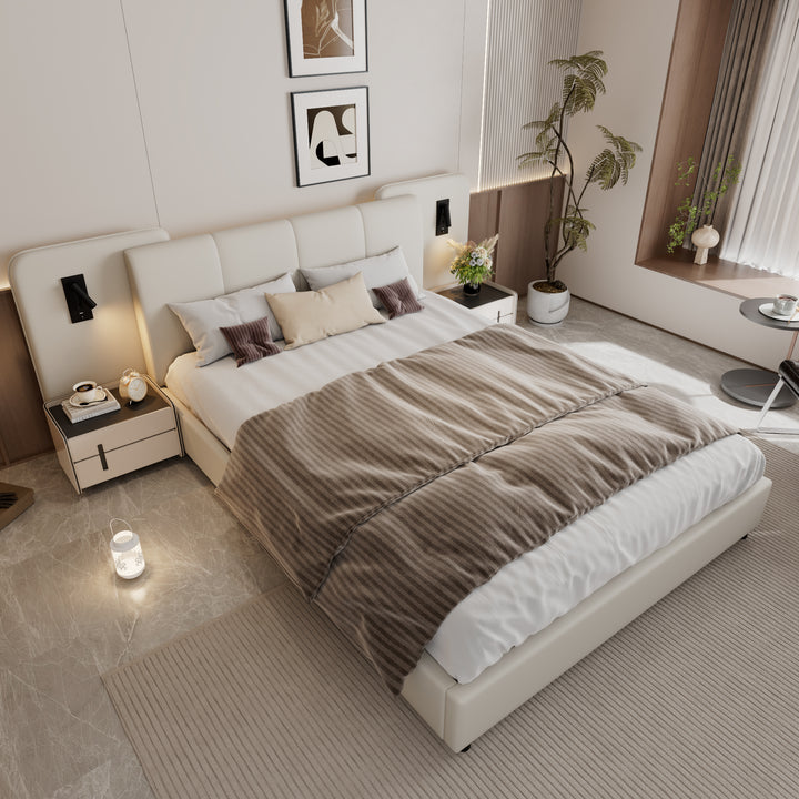 Beige upholstered divan double bed with side lamps and charging port 135x190cm UNITOS