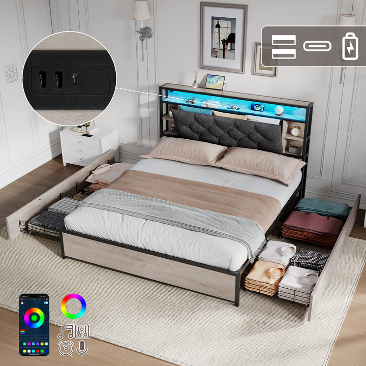 Grey metal double bed frame shelves with LED lighting (135x190cm) PHYTOSID