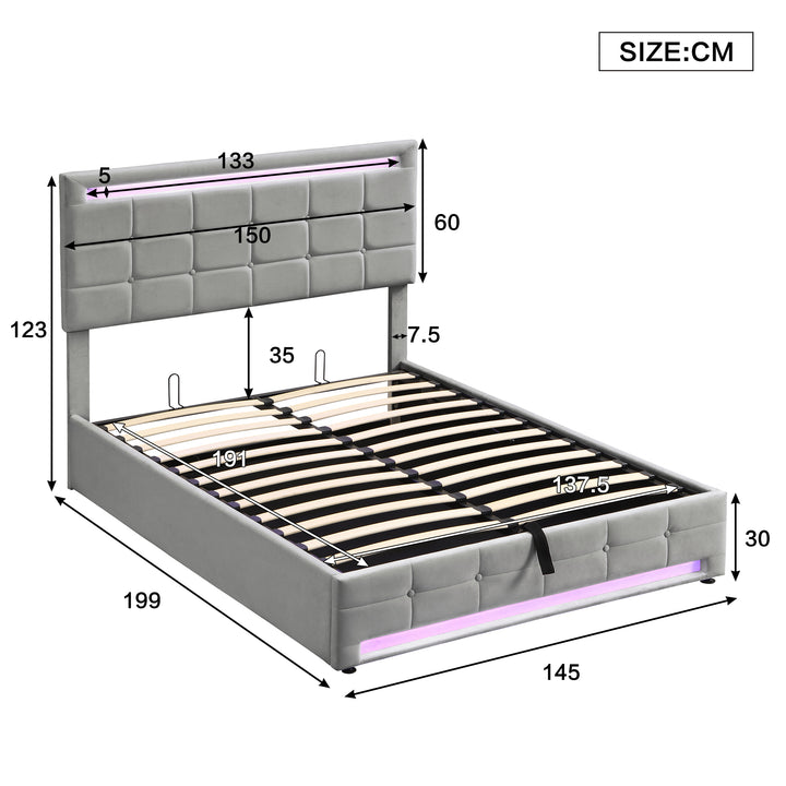 Grey velvet upholstered ottoman double bed with LED lighting (135x190cm) ANHYDROBIO