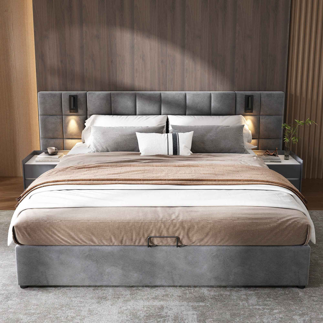 Super king size upholstered ottoman bed 6ft velvet grey with USB charging & lamp, wide headboard no mattress or bedside tables