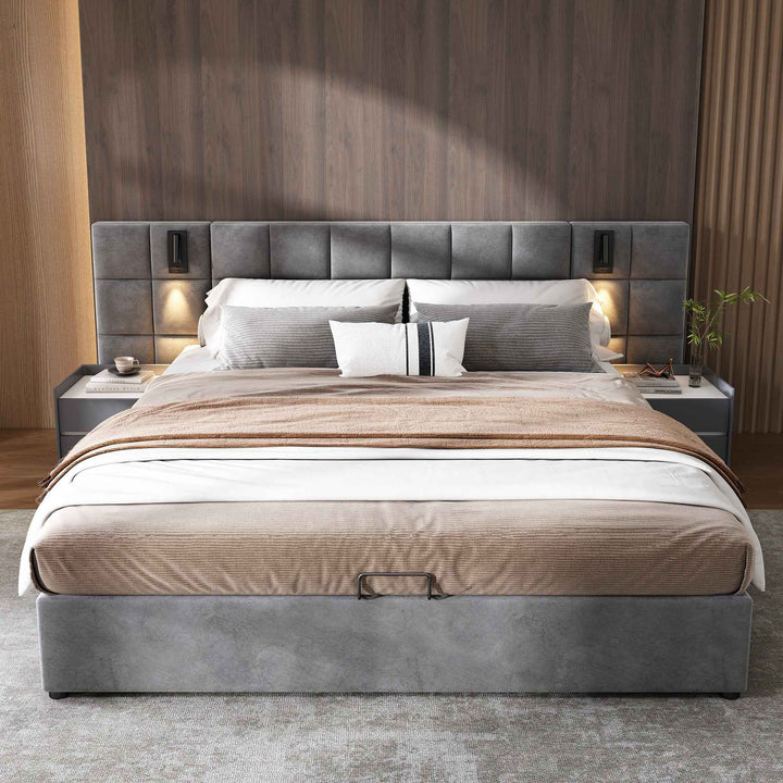 Super king size upholstered ottoman bed 6ft velvet grey with USB charging & lamp, wide headboard no mattress or bedside tables