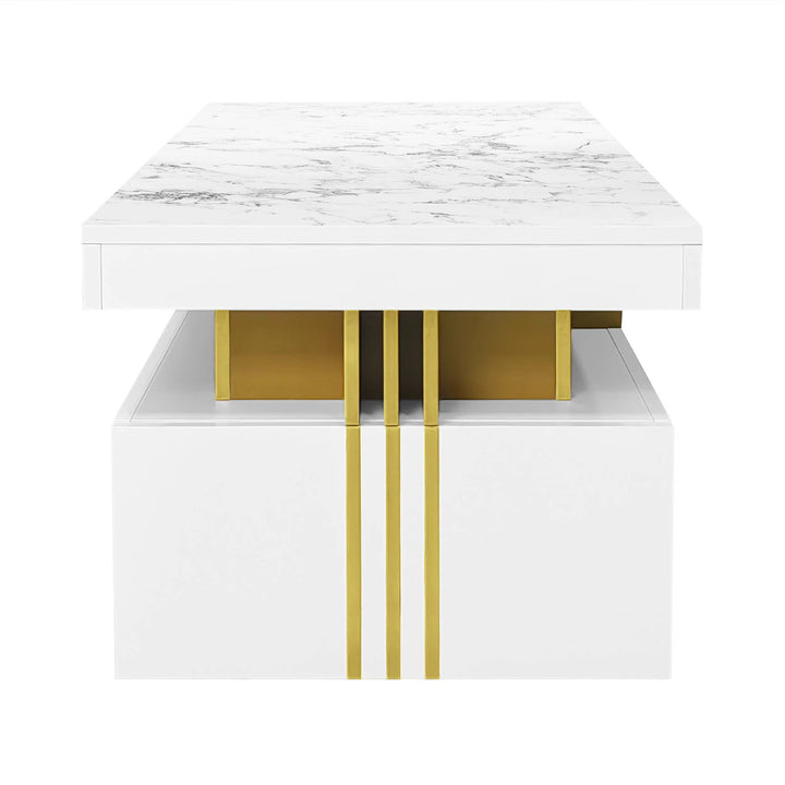 White marble look coffee table with gold accents and 2 drawers CREPUSCRAY