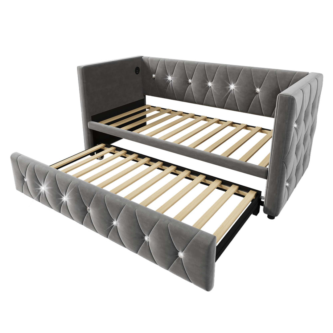 Grey velvet single upholstered guest day bed diamond design with trundle, USB charging STEKZEL GREY UK