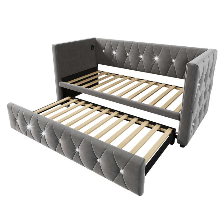 Grey velvet single upholstered guest day bed diamond design with trundle, USB charging STEKZEL GREY UK