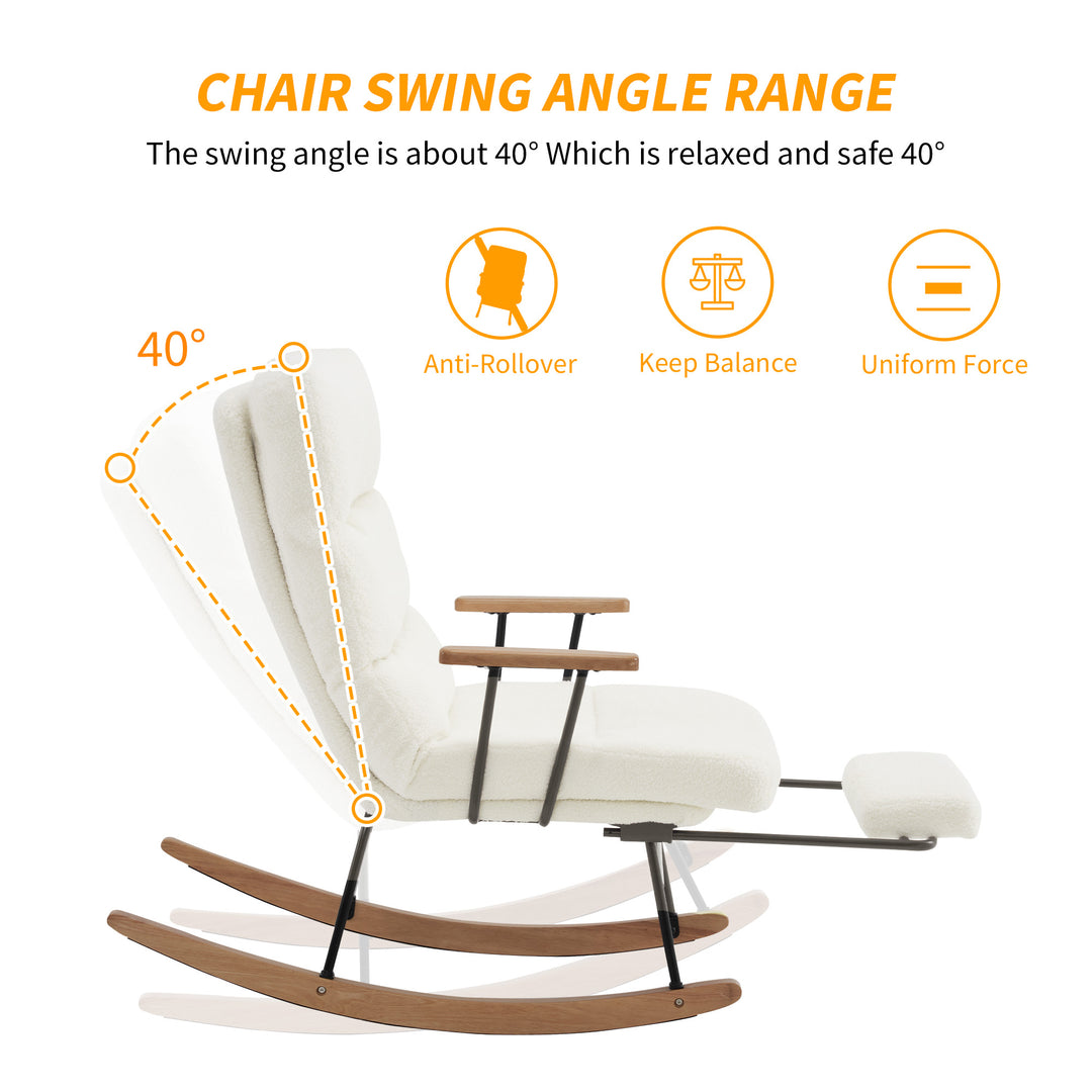 White boucle fabric nursery rocking chair with glider footrest PATINA UK