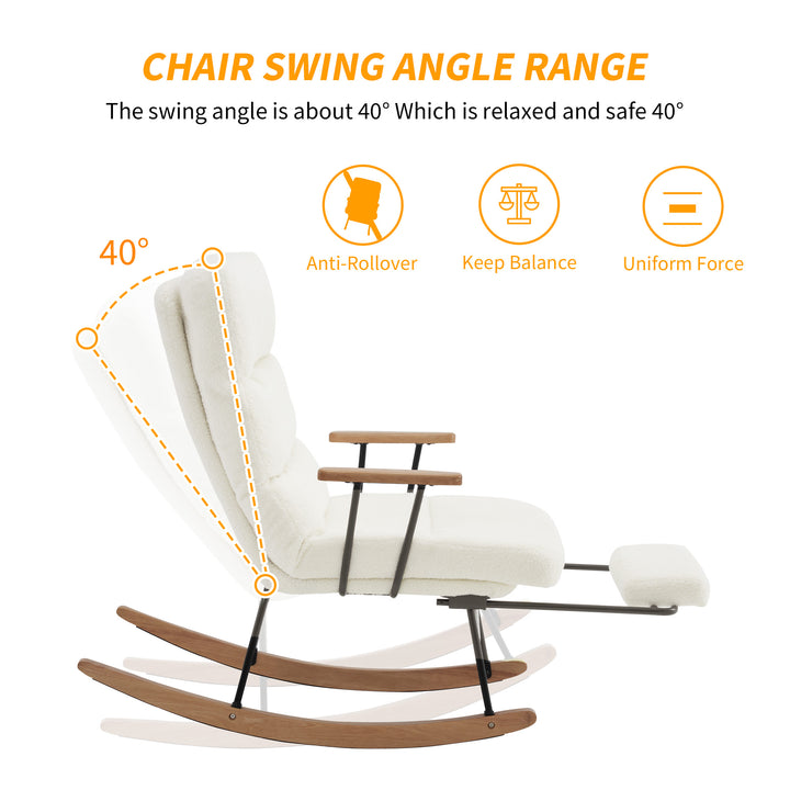 White boucle fabric nursery rocking chair with glider footrest PATINA UK