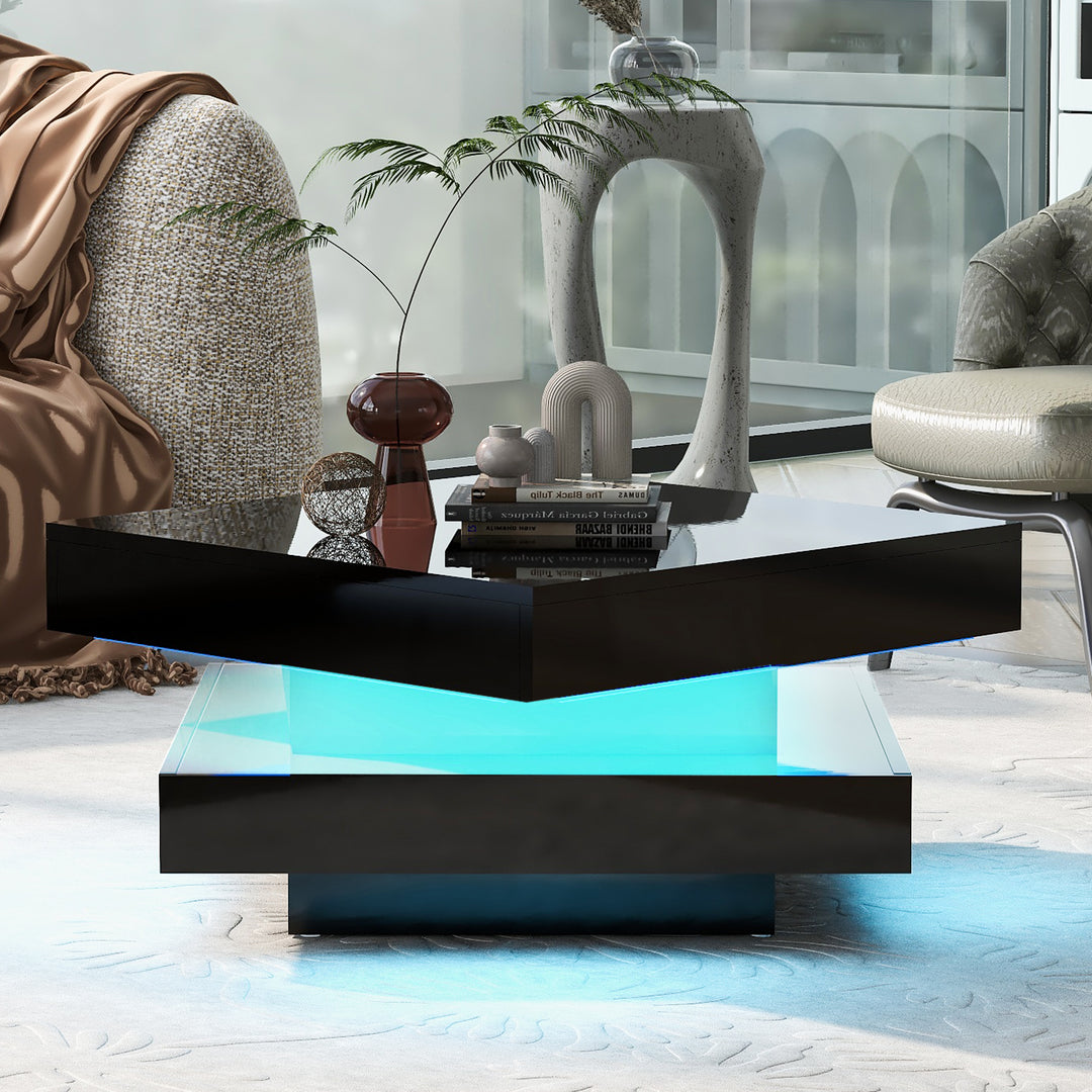 Black high gloss square coffee table with 360° rotating top LED lighting KERATINSCALE