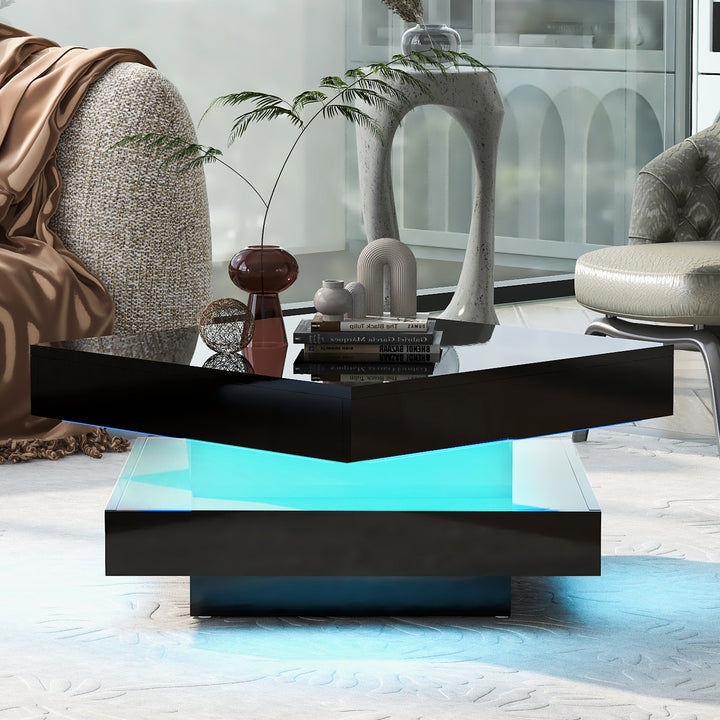 Black high gloss square coffee table with 360° rotating top LED lighting KERATINSCALE