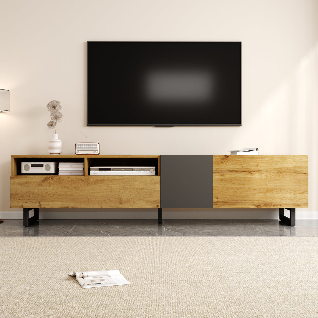 Colorblock TV cabinet retro wood grain compartments, U-shaped metal legs RESPIRATO