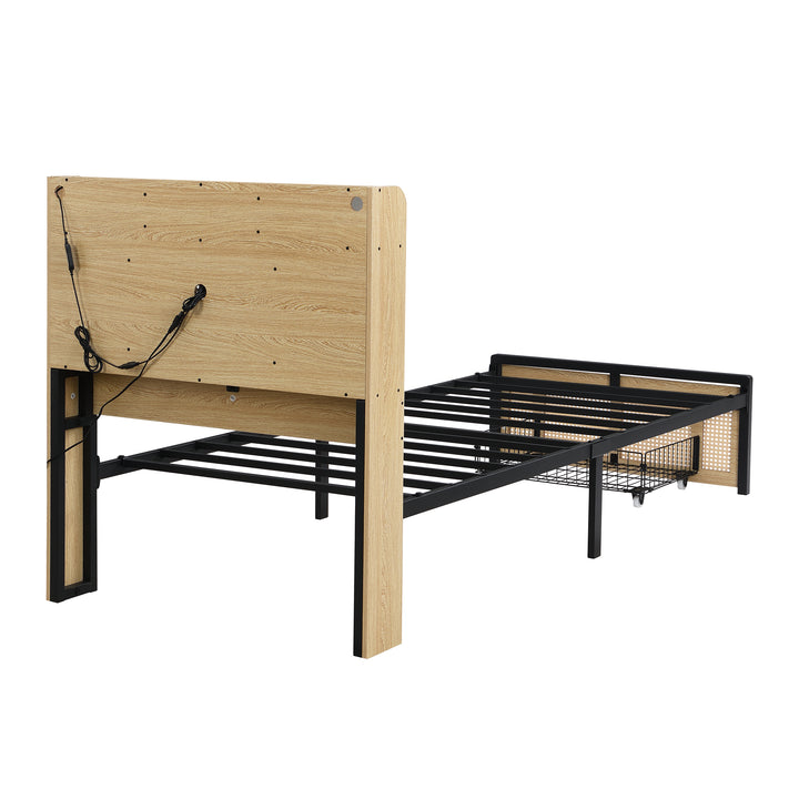 Wooden single bed with headboard storage, rattan drawer and LED lighting (90×190cm) GALLAPHID