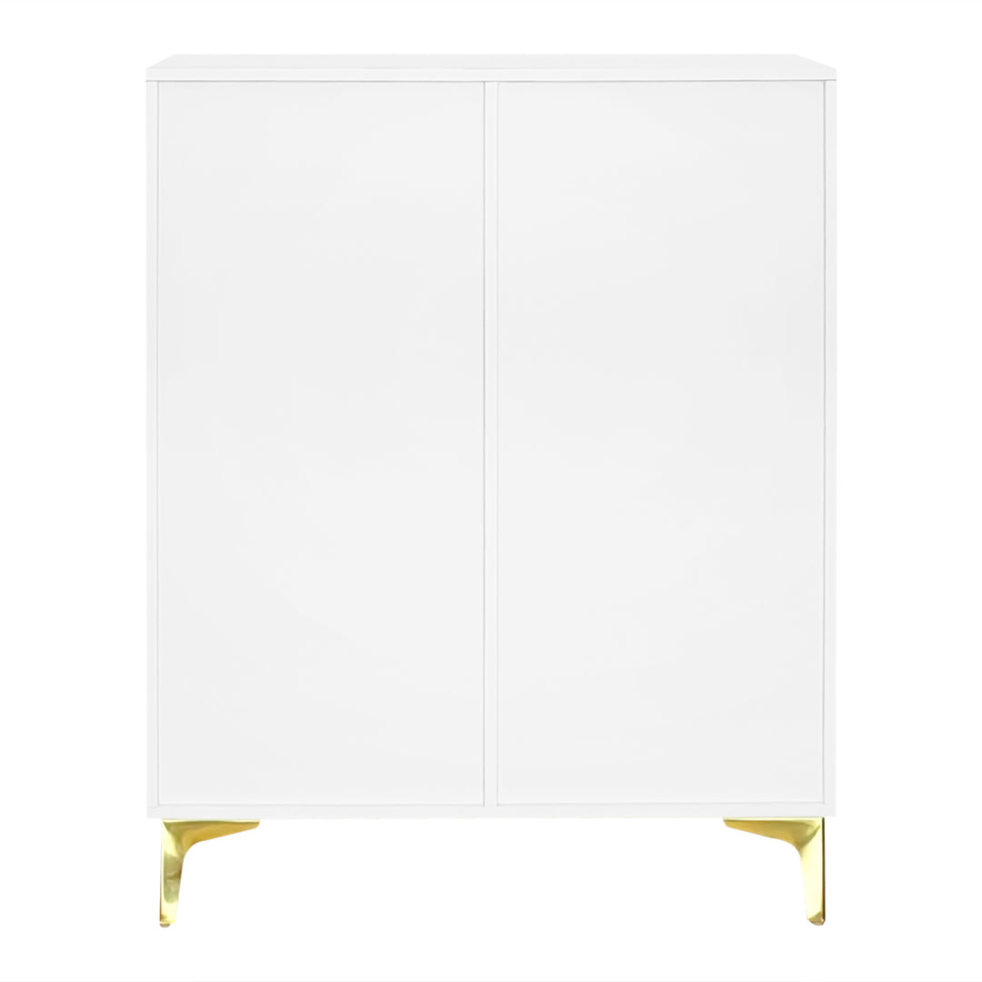 White shoe cabinet with textured panels and golden legs FERNCREST UK