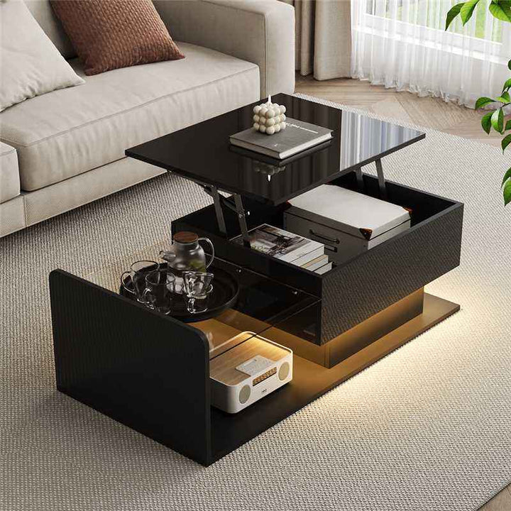 High gloss black coffee table with lift up top, LED lighting 100x50cm FLARERYLOTH